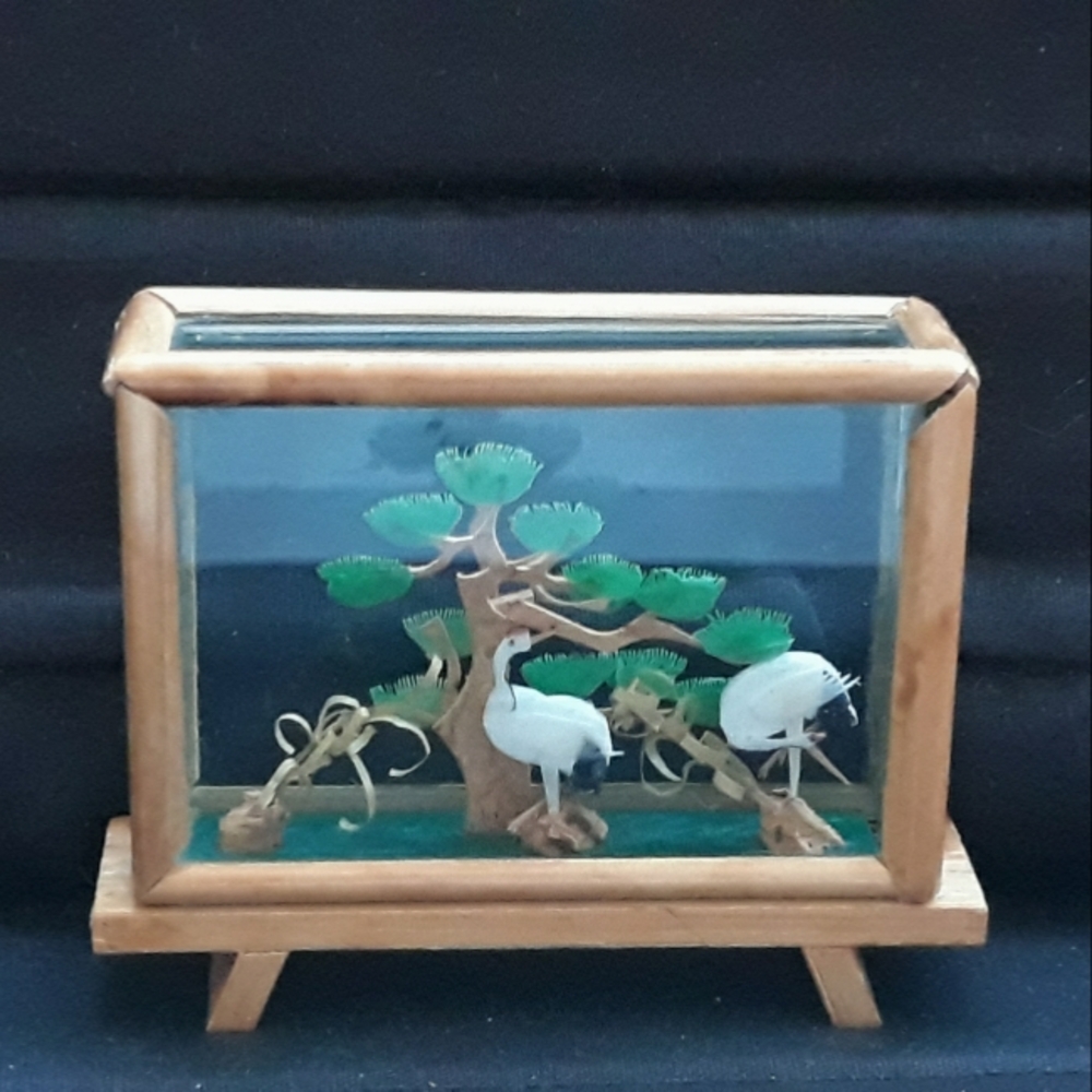 Vintage Miniature Chinese 3D Cranes Landscape Glass Bamboo Diorama Display - Picture 11 of 12